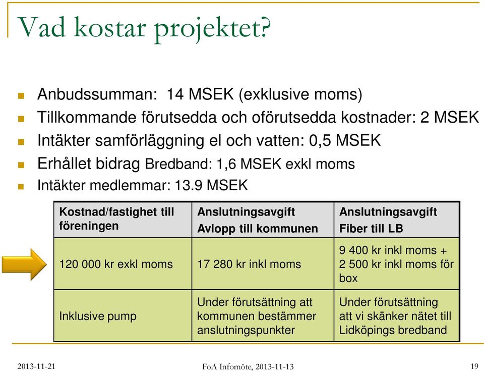 Erhållet bidrag Bredband: 1,6 MSEK exkl moms Intäkter medlemmar: 13.