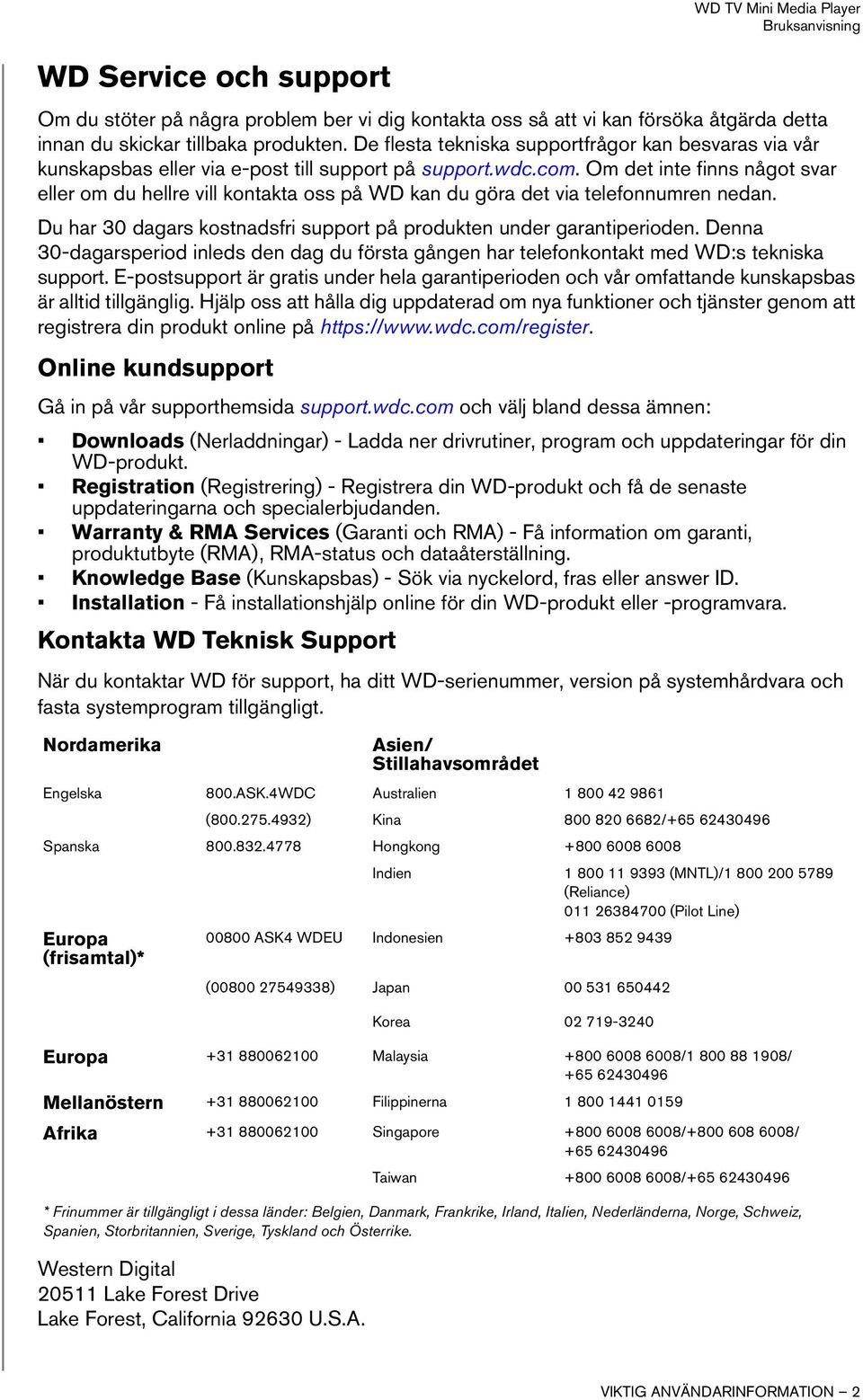 Om det inte finns något svar eller om du hellre vill kontakta oss på WD kan du göra det via telefonnumren nedan. Du har 30 dagars kostnadsfri support på produkten under garantiperioden.