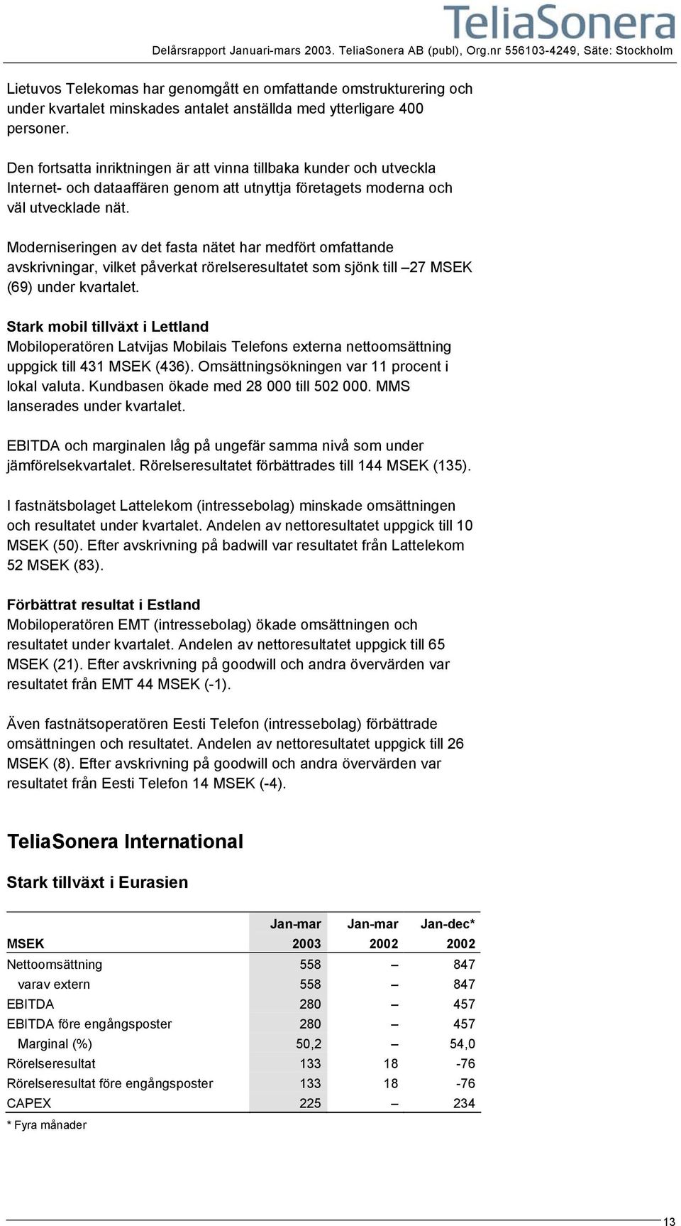 Den fortsatta inriktningen är att vinna tillbaka kunder och utveckla Internet- och dataaffären genom att utnyttja företagets moderna och väl utvecklade nät.