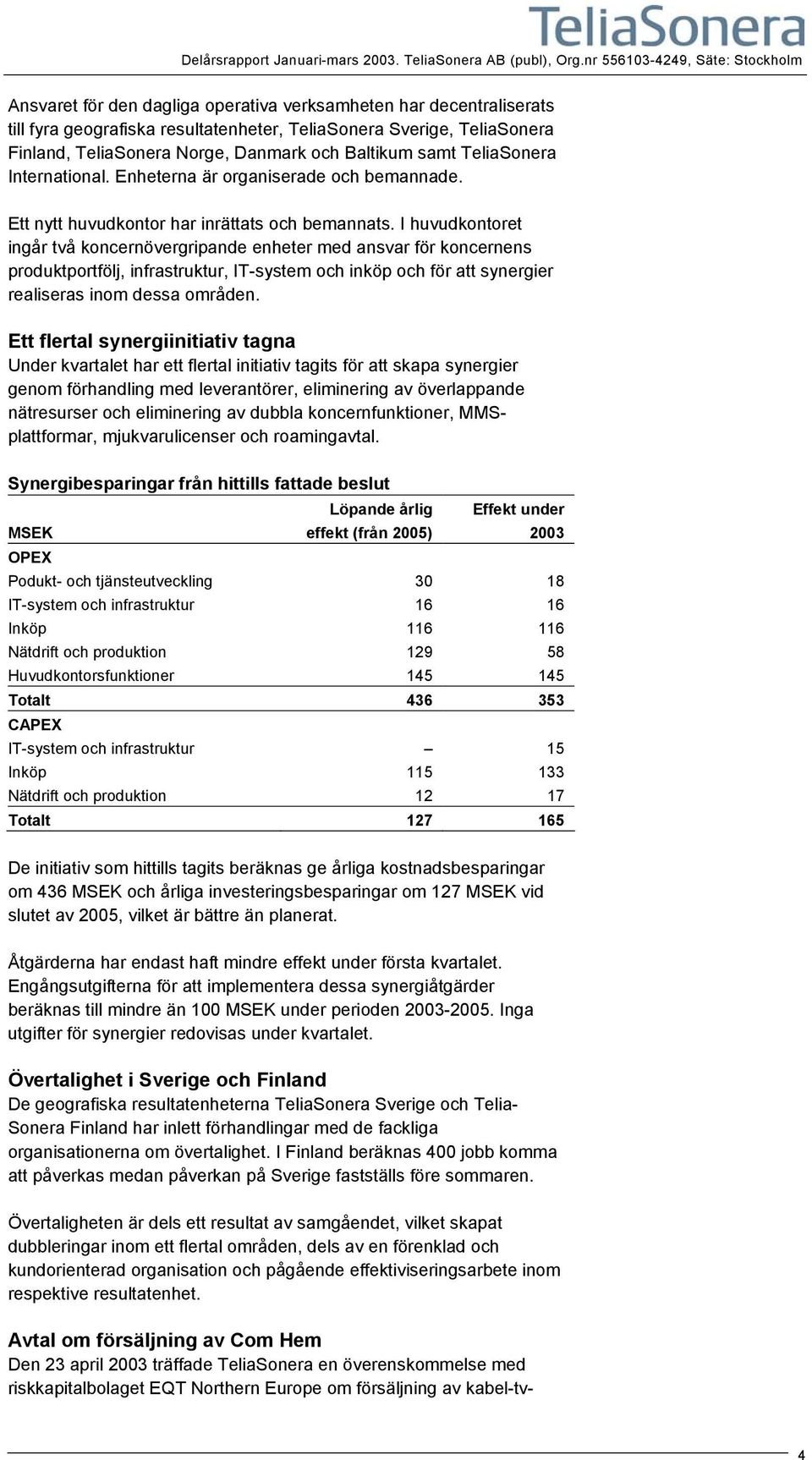 Norge, Danmark och Baltikum samt TeliaSonera International. Enheterna är organiserade och bemannade. Ett nytt huvudkontor har inrättats och bemannats.