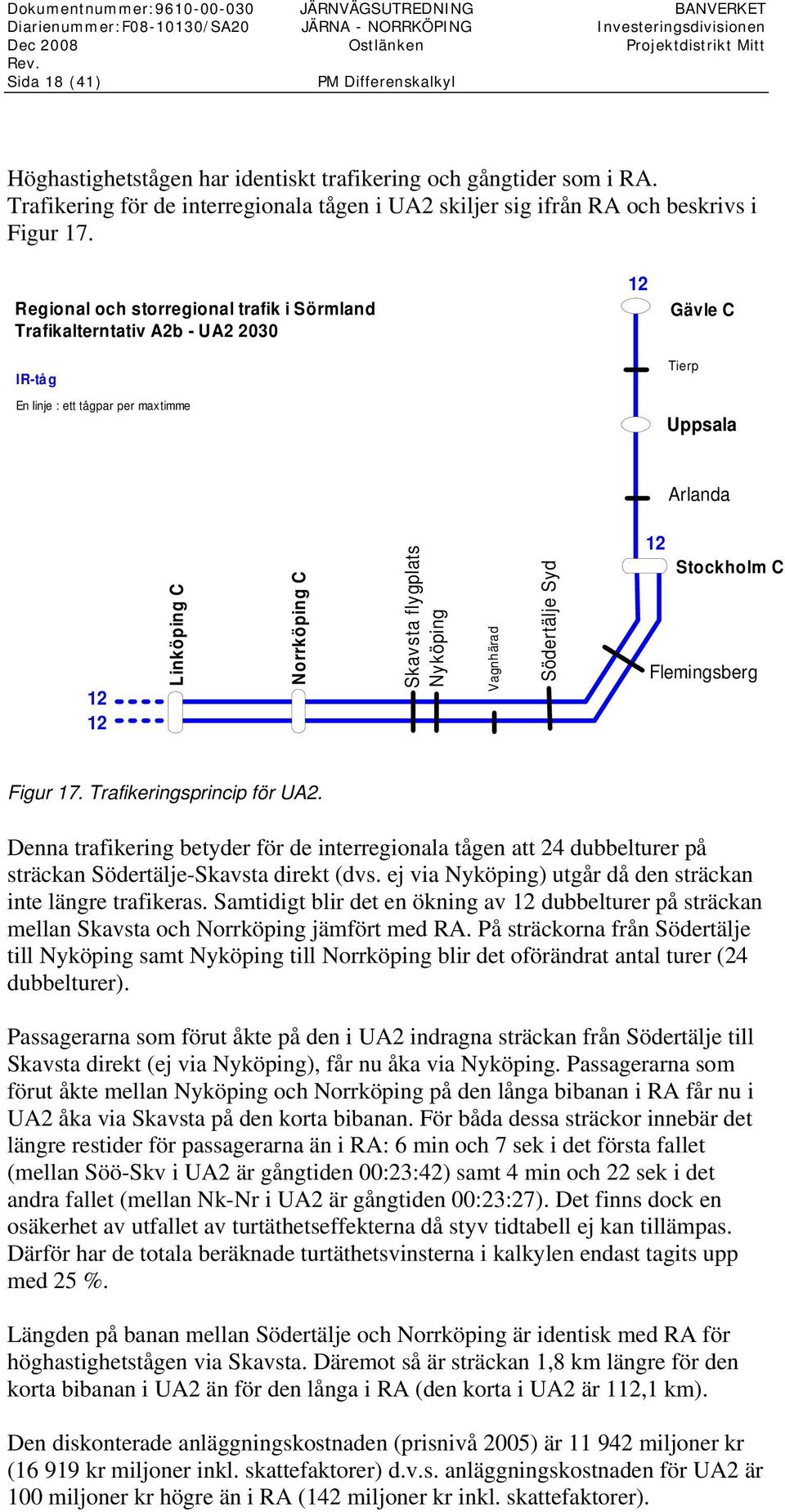 Regional och storregional trafik i Sörmland Trafikalterntativ A2b - UA2 2030 IR-tåg En linje : ett tågpar per maxtimme 12 Gävle C Tierp Uppsala Arlanda 12 12 Linköping C Norrköping C Skavsta
