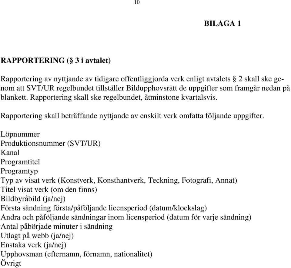 Löpnummer Produktionsnummer (SVT/UR) Kanal Programtitel Programtyp Typ av visat verk (Konstverk, Konsthantverk, Teckning, Fotografi, Annat) Titel visat verk (om den finns) Bildbyråbild (ja/nej)