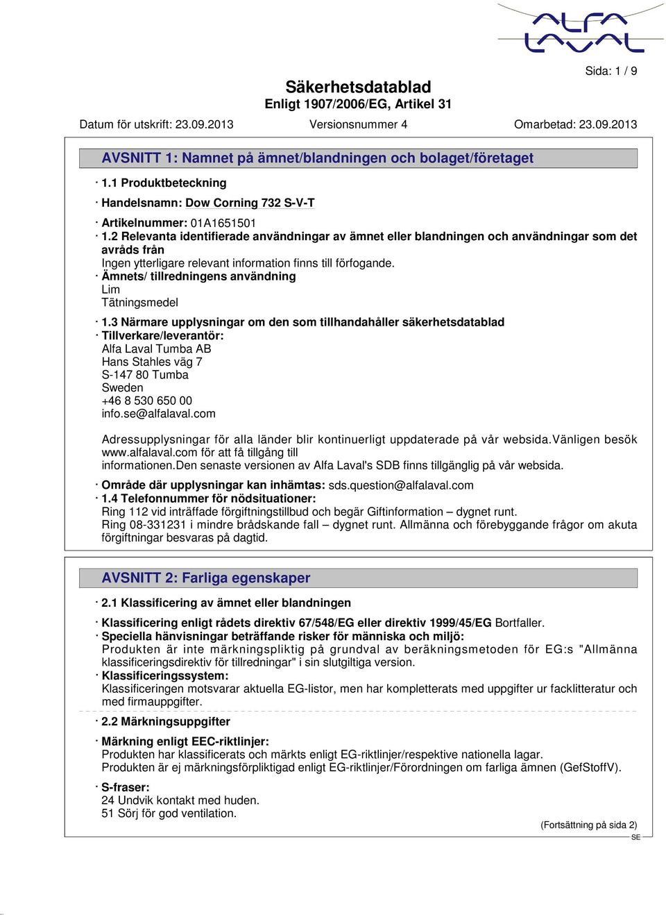 Ämnets/ tillredningens användning Lim Tätningsmedel 1.