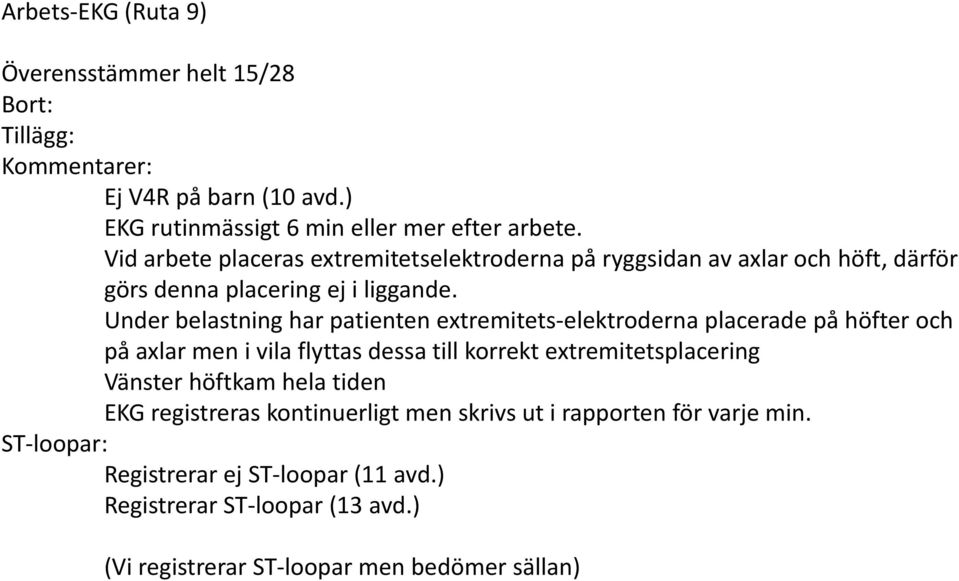 Under belastning har patienten extremitets-elektroderna placerade på höfter och på axlar men i vila flyttas dessa till korrekt extremitetsplacering Vänster