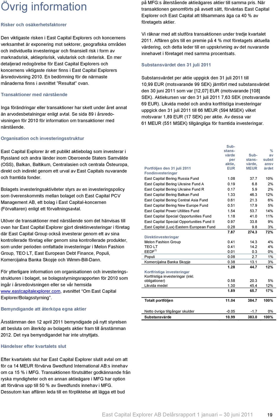 En mer detaljerad redogörelse för East Capital Explorers och koncernens viktigaste risker finns i East Capital Explorers årsredovisning 2010.