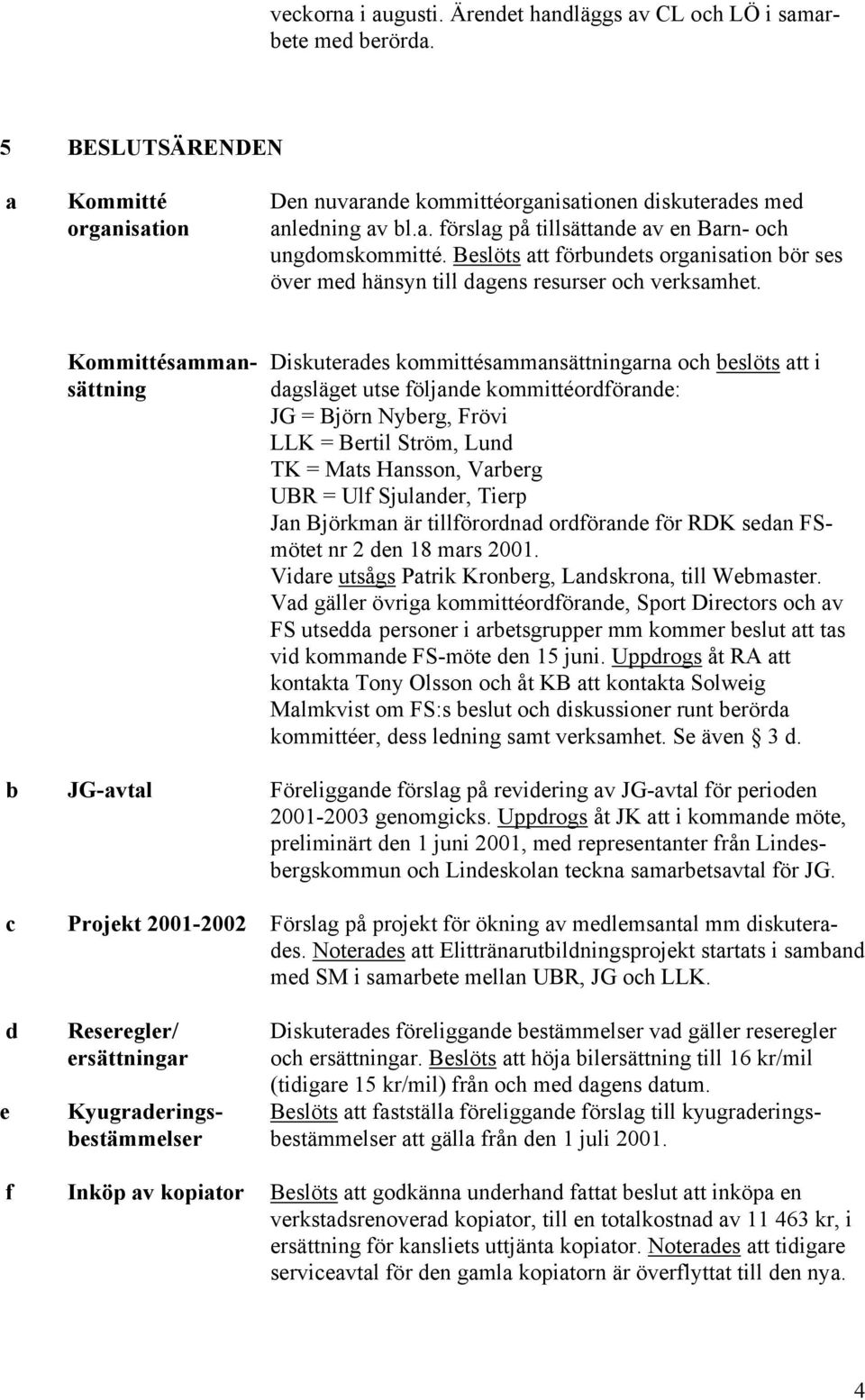 Kommittésamman- Diskuterades kommittésammansättningarna och beslöts att i sättning dagsläget utse följande kommittéordförande: JG = Björn Nyberg, Frövi LLK = Bertil Ström, Lund TK = Mats Hansson,