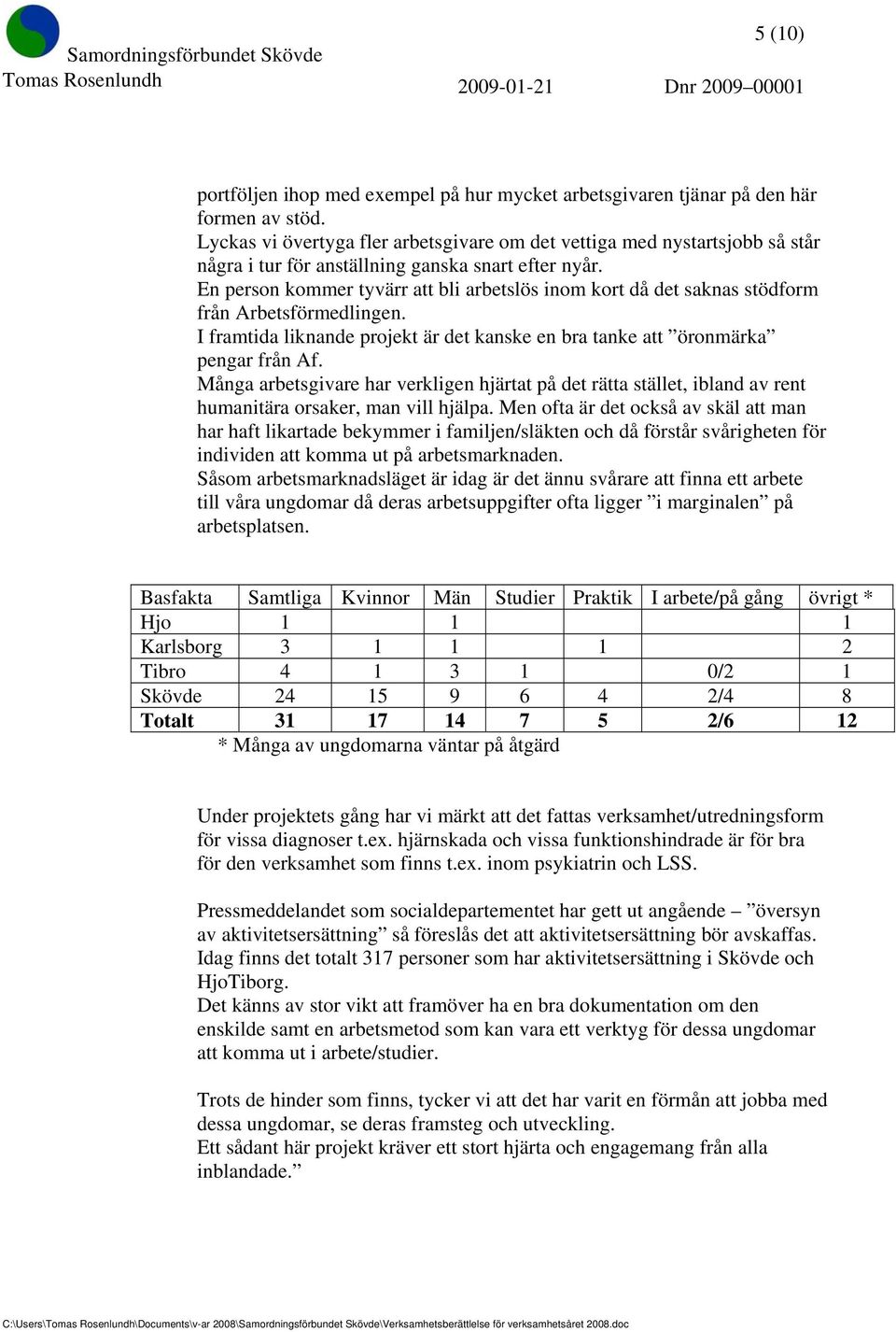 En person kommer tyvärr att bli arbetslös inom kort då det saknas stödform från Arbetsförmedlingen. I framtida liknande projekt är det kanske en bra tanke att öronmärka pengar från Af.