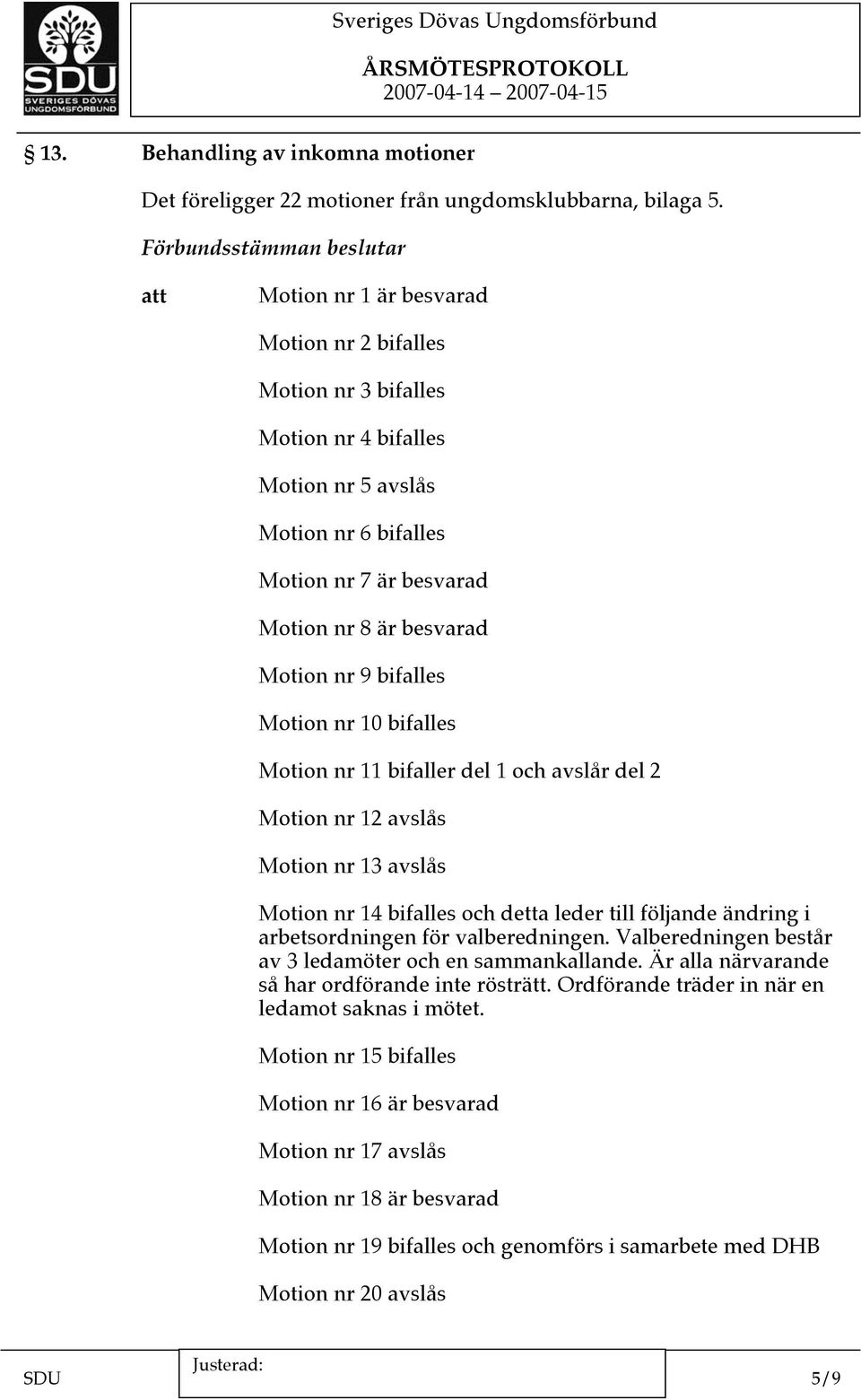 Motion nr 10 bifalles Motion nr 11 bifaller del 1 och avslår del 2 Motion nr 12 avslås Motion nr 13 avslås Motion nr 14 bifalles och detta leder till följande ändring i arbetsordningen för