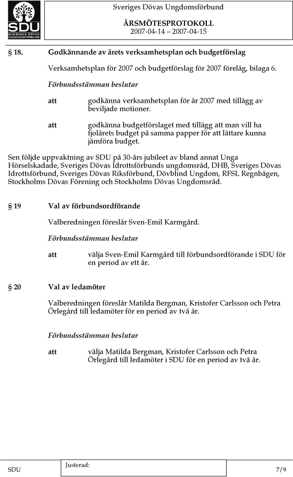 Sen följde uppvaktning av SDU på 30-års jubileet av bland annat Unga Hörselskadade, Sveriges Dövas Idrottsförbunds ungdomsråd, DHB, Sveriges Dövas Idrottsförbund, Sveriges Dövas Riksförbund, Dövblind