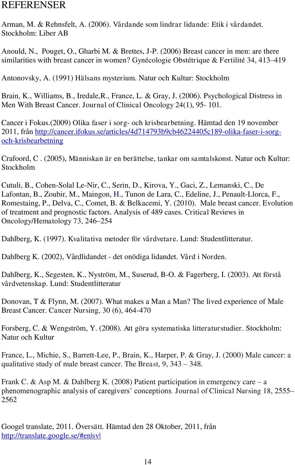 Natur och Kultur: Stockholm Brain, K., Williams, B., Iredale,R., France, L. & Gray, J. (2006). Psychological Distress in Men With Breast Cancer. Journal of Clinical Oncology 24(1), 95-101.