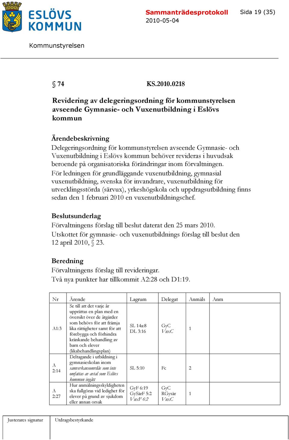 Vuxenutbildning i Eslövs kommun behöver revideras i huvudsak beroende på organisatoriska förändringar inom förvaltningen.