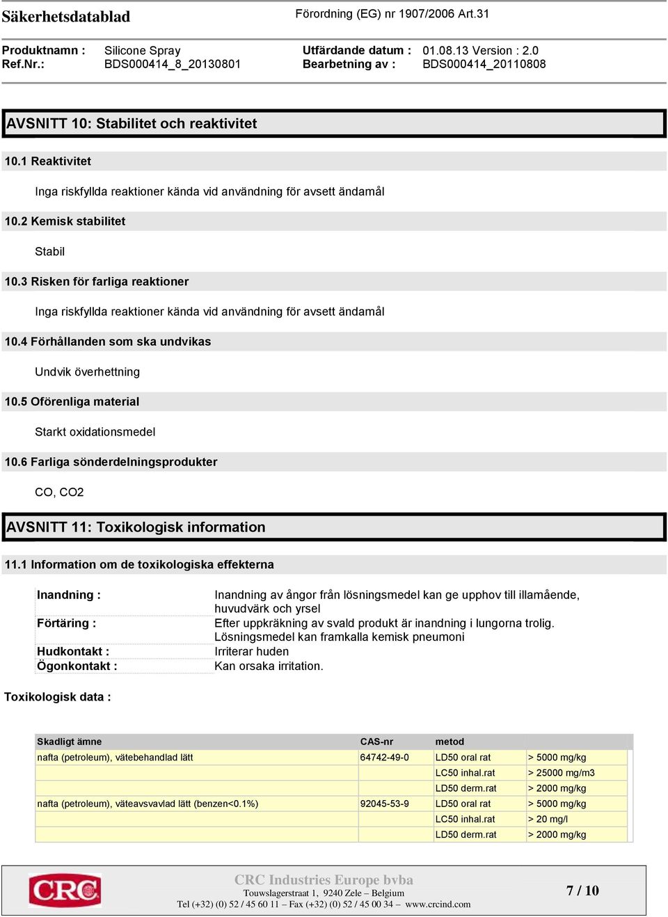 5 Oförenliga material Starkt oxidationsmedel 10.6 Farliga sönderdelningsprodukter CO, CO2 AVSNITT 11: Toxikologisk information 11.