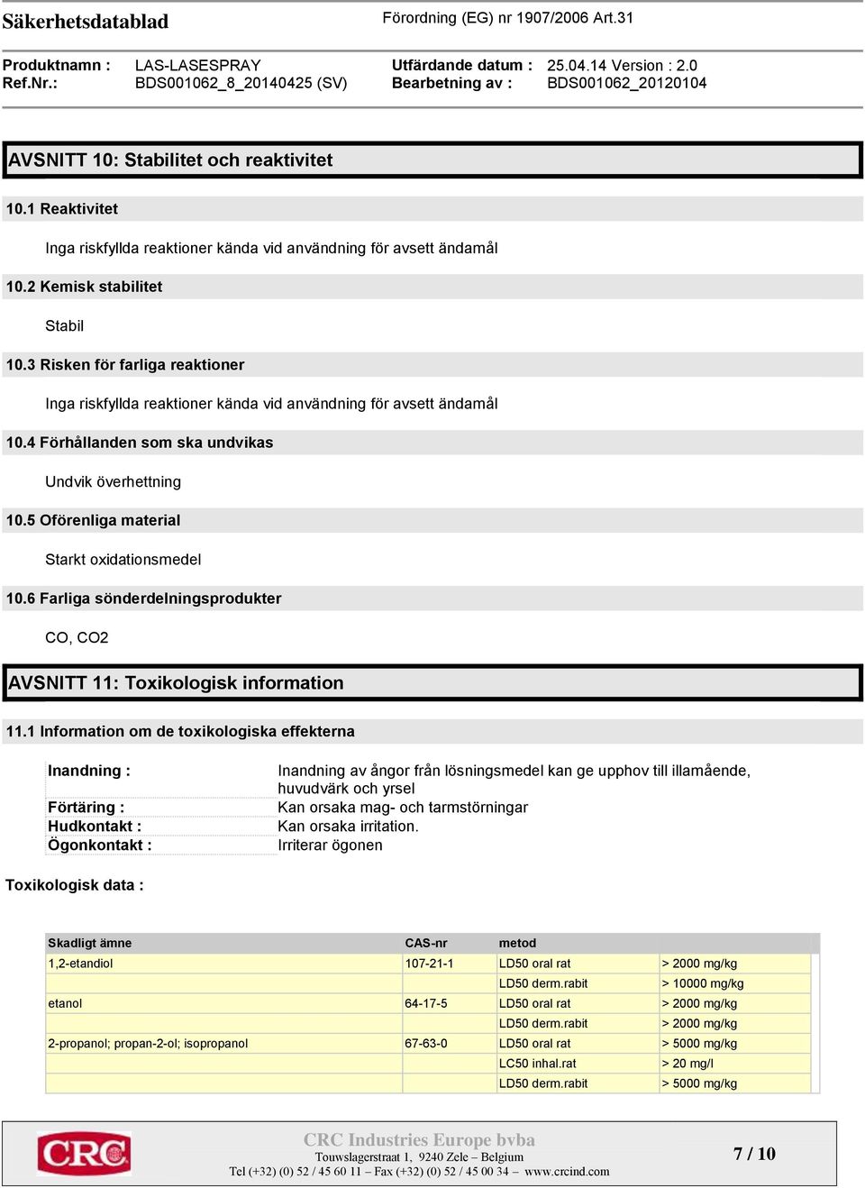 5 Oförenliga material Starkt oxidationsmedel 10.6 Farliga sönderdelningsprodukter CO, CO2 AVSNITT 11: Toxikologisk information 11.