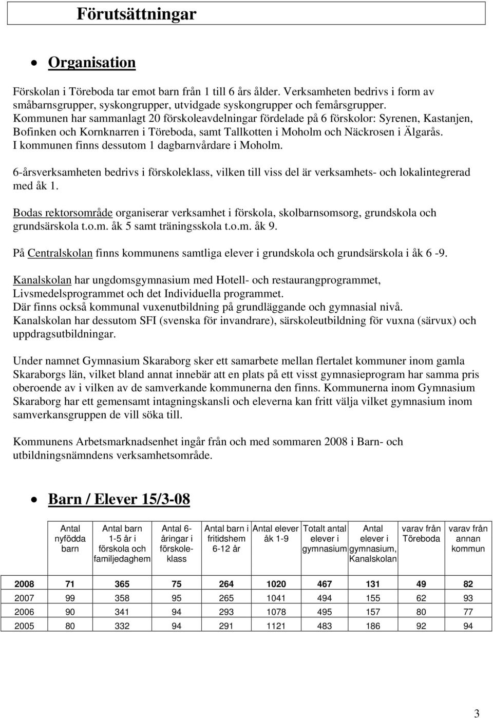 I kommunen finns dessutom 1 dagbarnvårdare i Moholm. 6-årsverksamheten bedrivs i förskoleklass, vilken till viss del är verksamhets- och lokalintegrerad med åk 1.