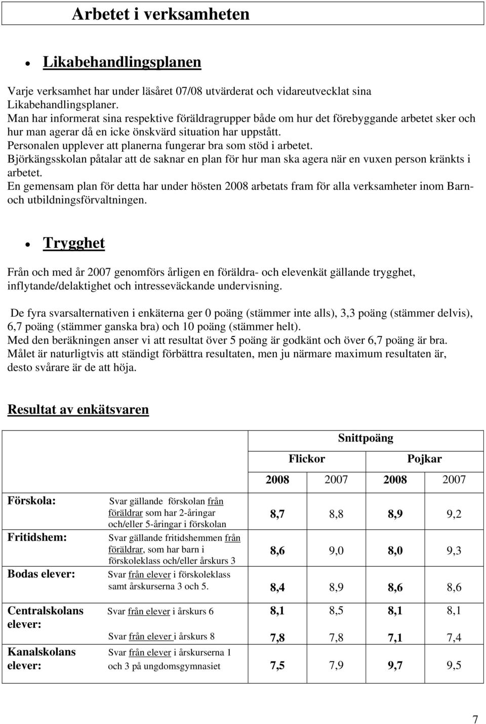 Personalen upplever att planerna fungerar bra som stöd i arbetet. Björkängsskolan påtalar att de saknar en plan för hur man ska agera när en vuxen person kränkts i arbetet.