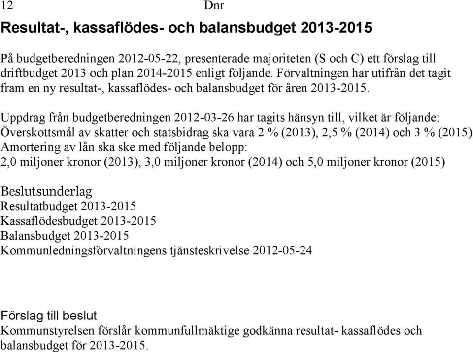 Uppdrag från budgetberedningen 2012-03-26 har tagits hänsyn till, vilket är följande: Överskottsmål av skatter och statsbidrag ska vara 2 % (2013), 2,5 % (2014) och 3 % (2015) Amortering av lån ska