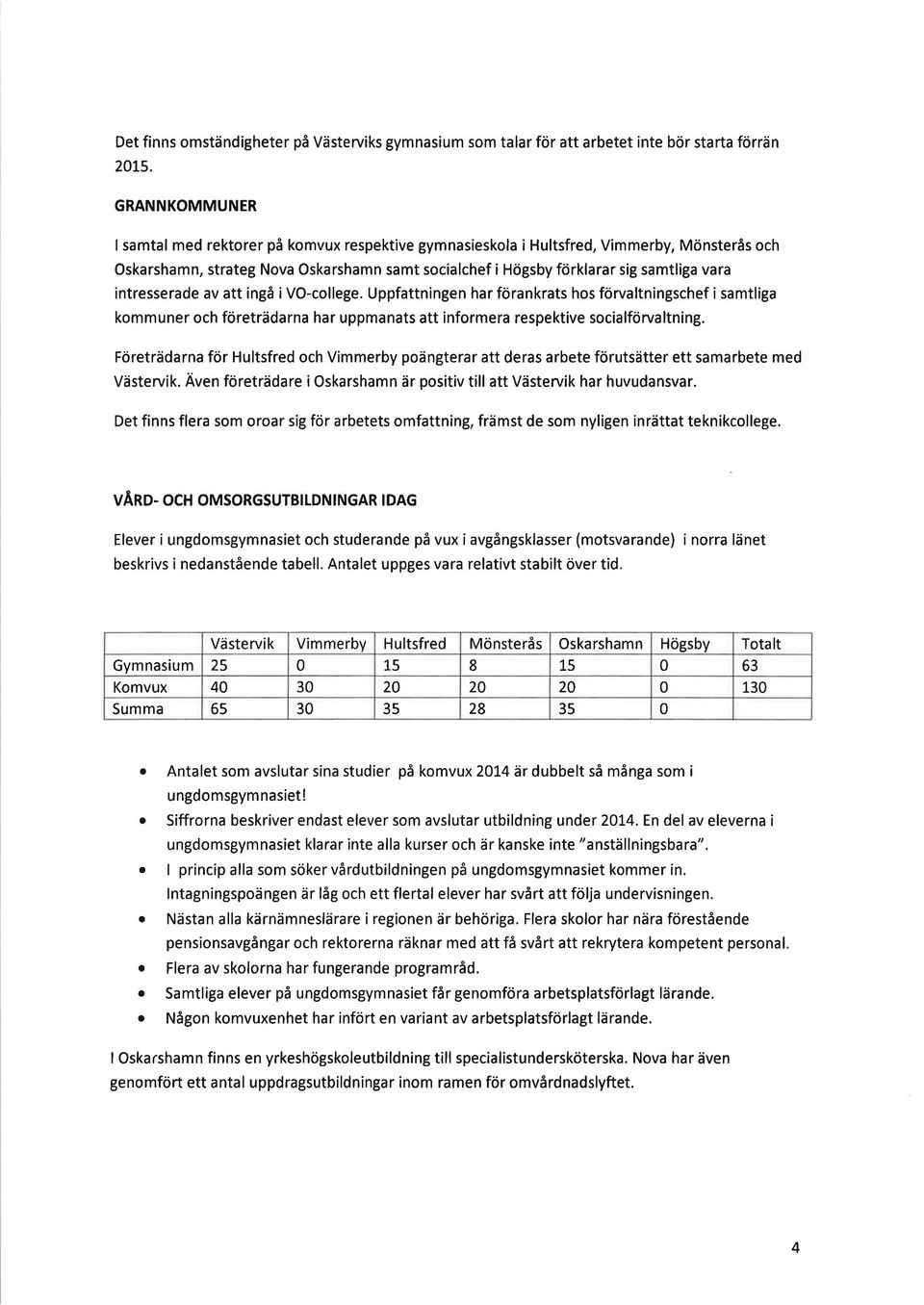 intresserade av att ingå i VO-college. Uppfattningen har förankrats hos förvaltningschef i samtliga kommuner och företrädarna har uppmanats att informera respektive socialförvaltning.