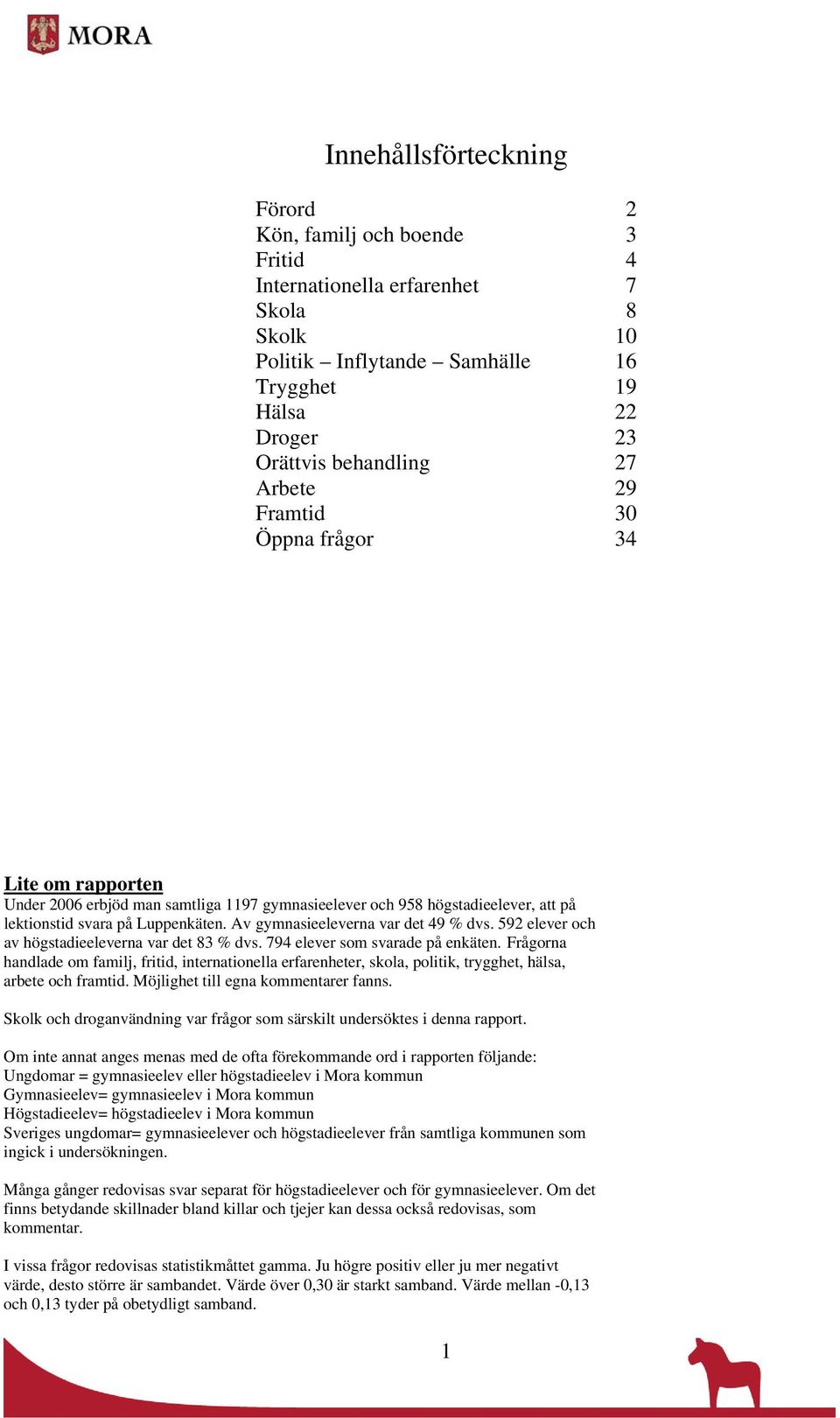 Av gymnasieeleverna var det 49 % dvs. 592 elever och av högstadieeleverna var det 83 % dvs. 794 elever som svarade på enkäten.