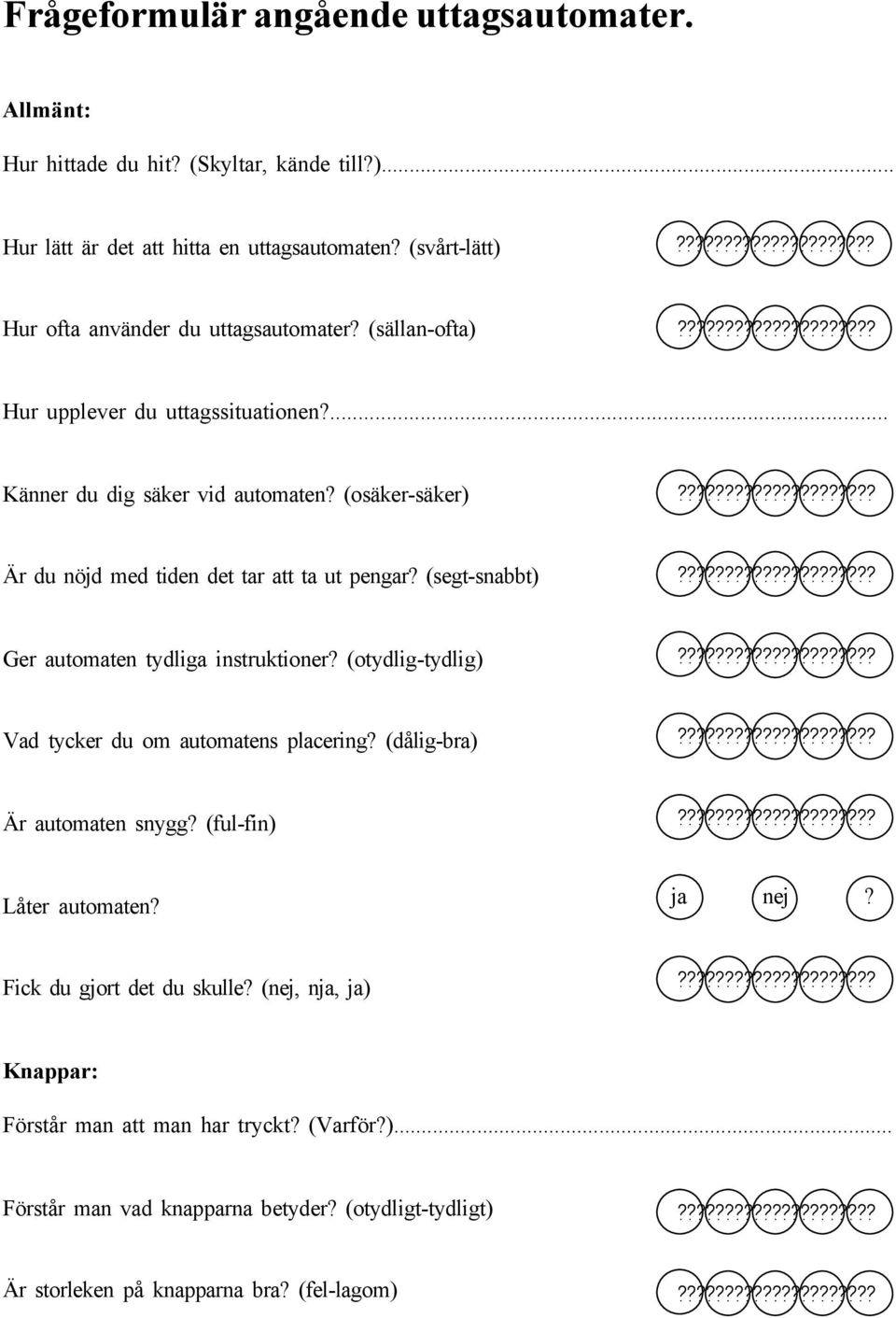 (osäker-säker) Är du nöjd med tiden det tar att ta ut pengar? (segt-snabbt) Ger automaten tydliga instruktioner? (otydlig-tydlig) Vad tycker du om automatens placering?