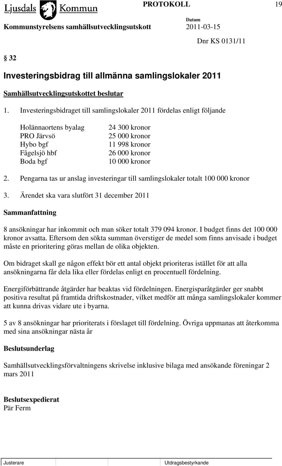 kronor 2. Pengarna tas ur anslag investeringar till samlingslokaler totalt 100 000 kronor 3. Ärendet ska vara slutfört 31 december 2011 8 ansökningar har inkommit och man söker totalt 379 094 kronor.