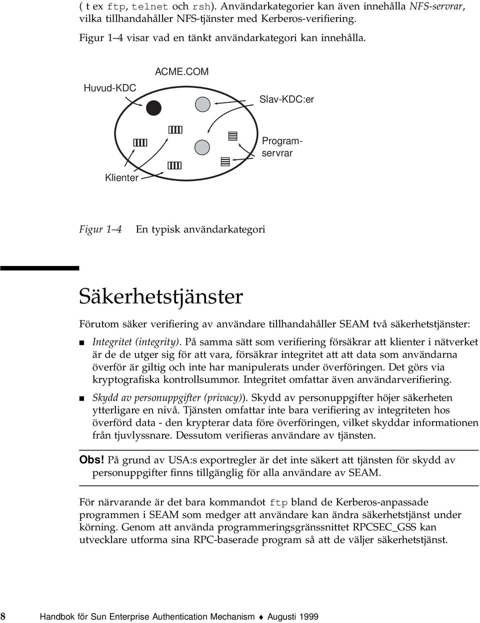 COM Slav-KDC:er Klienter Programservrar Figur 1 4 En typisk användarkategori Säkerhetstjänster Förutom säker verifiering av användare tillhandahåller SEAM två säkerhetstjänster: 4 Integritet