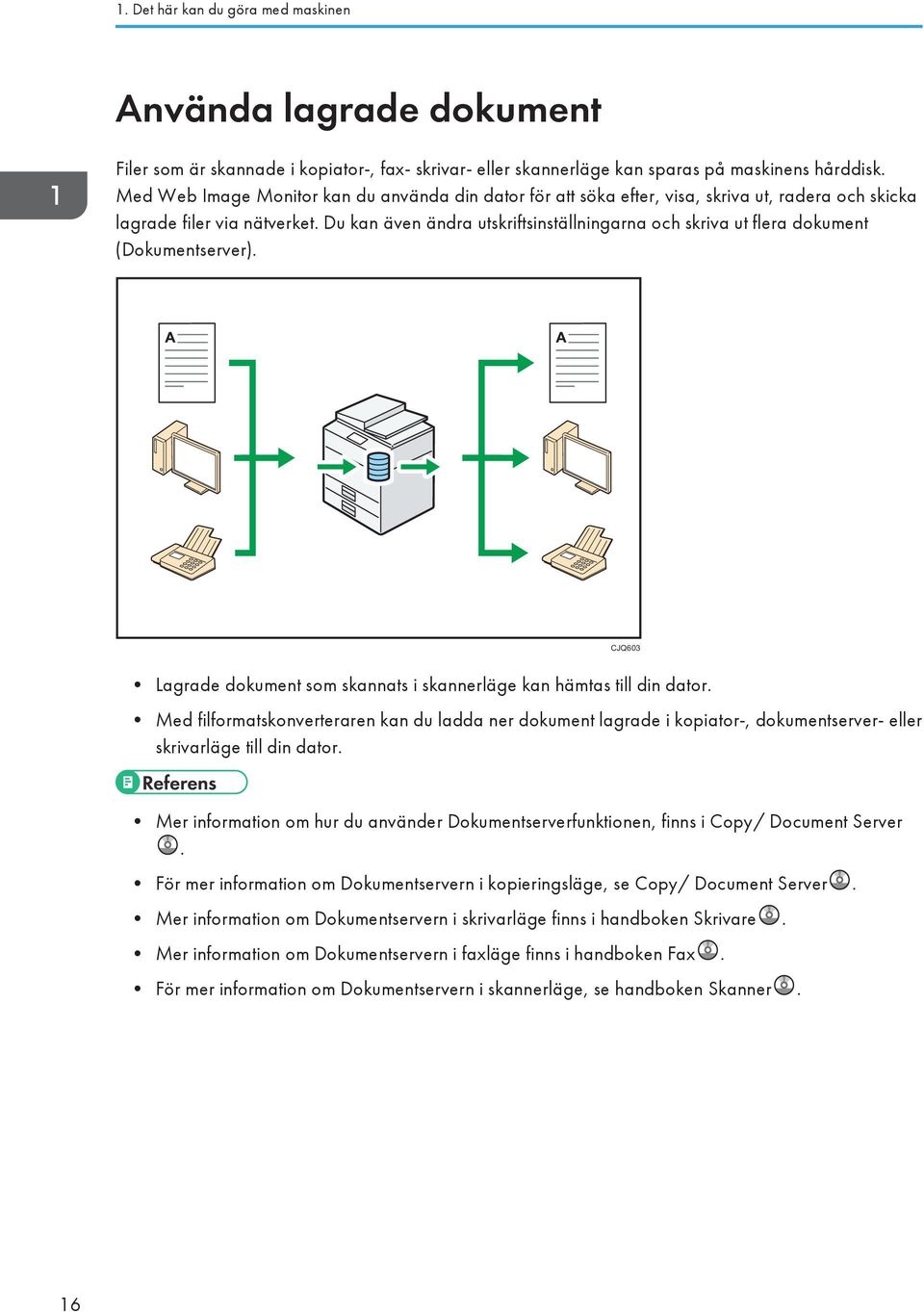 Du kan även ändra utskriftsinställningarna och skriva ut flera dokument (Dokumentserver). CJQ603 Lagrade dokument som skannats i skannerläge kan hämtas till din dator.