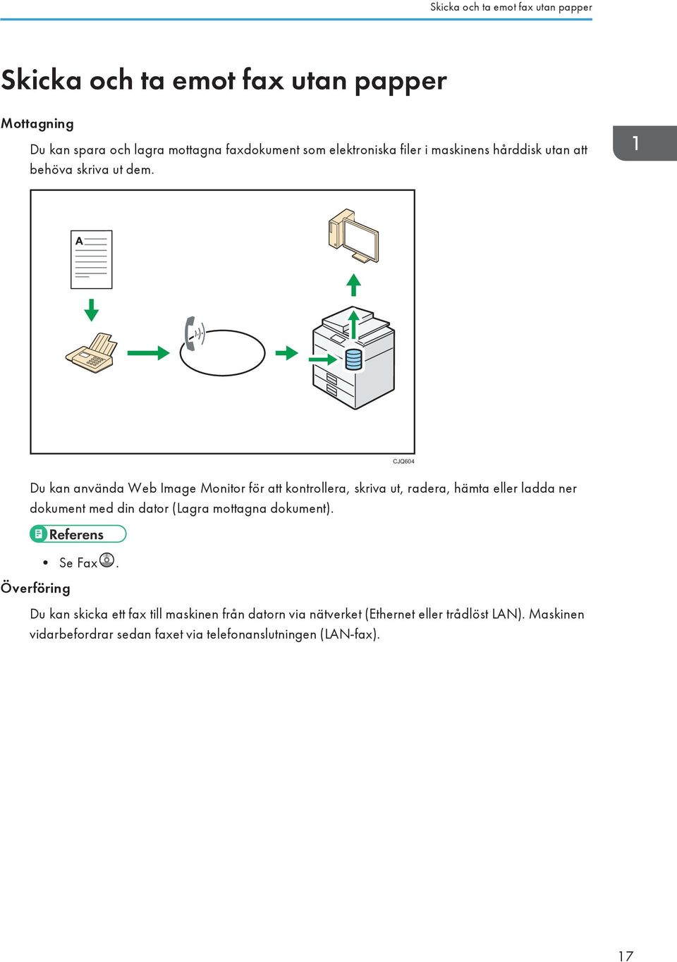 CJQ604 Du kan använda Web Image Monitor för att kontrollera, skriva ut, radera, hämta eller ladda ner dokument med din dator (Lagra