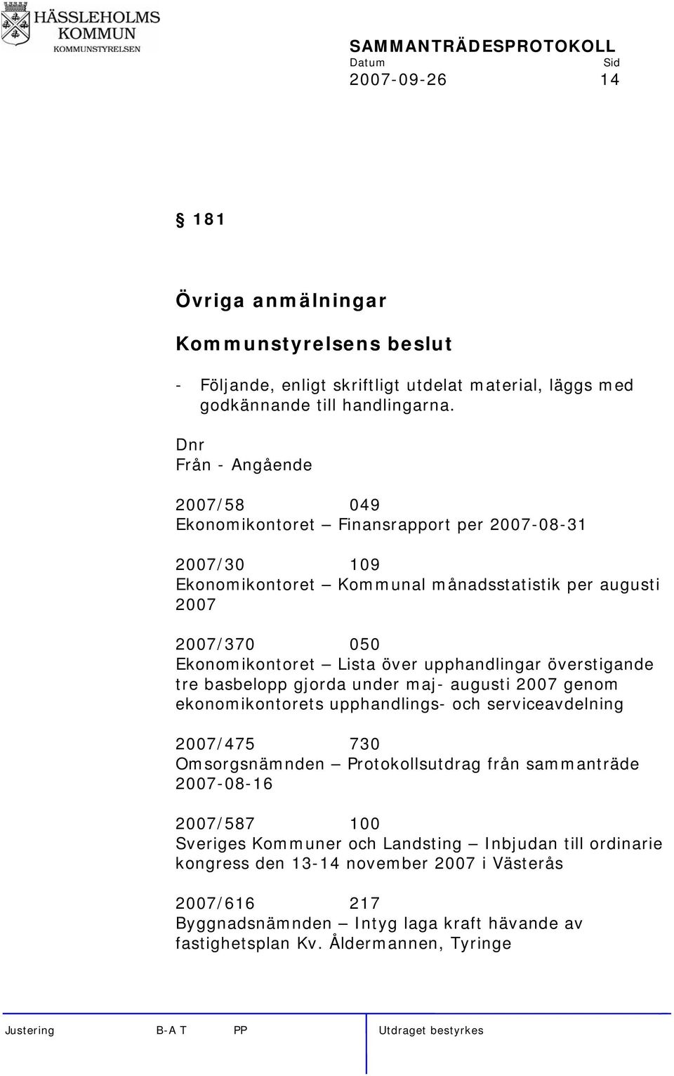 över upphandlingar överstigande tre basbelopp gjorda under maj- augusti 2007 genom ekonomikontorets upphandlings- och serviceavdelning 2007/475 730 Omsorgsnämnden Protokollsutdrag