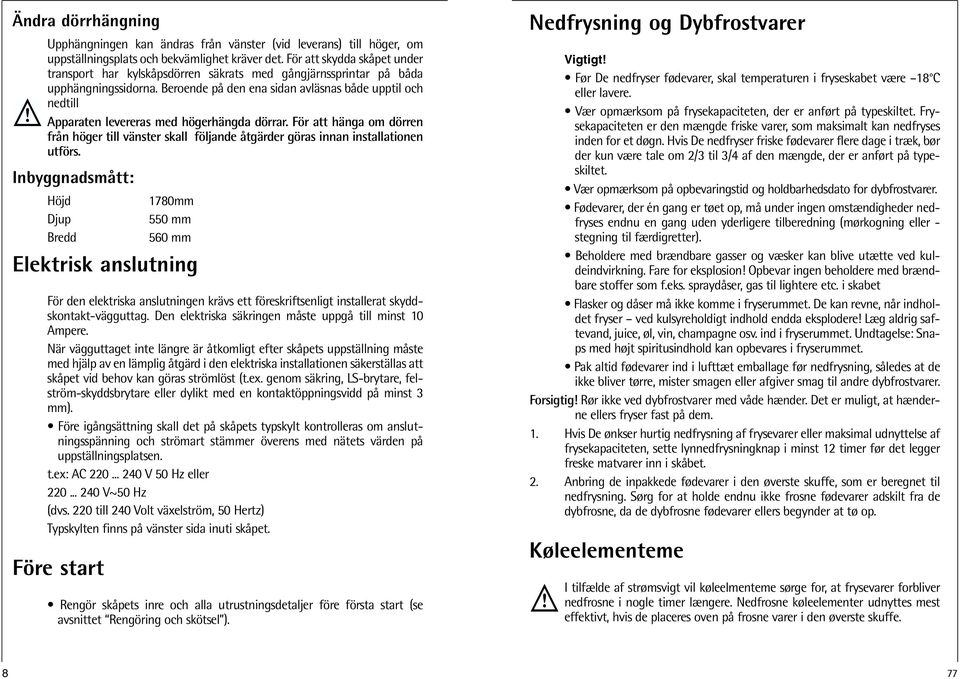 Beroende på den ena sidan avläsnas både upptil och nedtill Apparaten levereras med högerhängda dörrar.