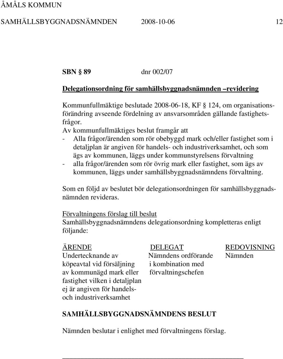 Av kommunfullmäktiges beslut framgår att - Alla frågor/ärenden som rör obebyggd mark och/eller fastighet som i detaljplan är angiven för handels- och industriverksamhet, och som ägs av kommunen,