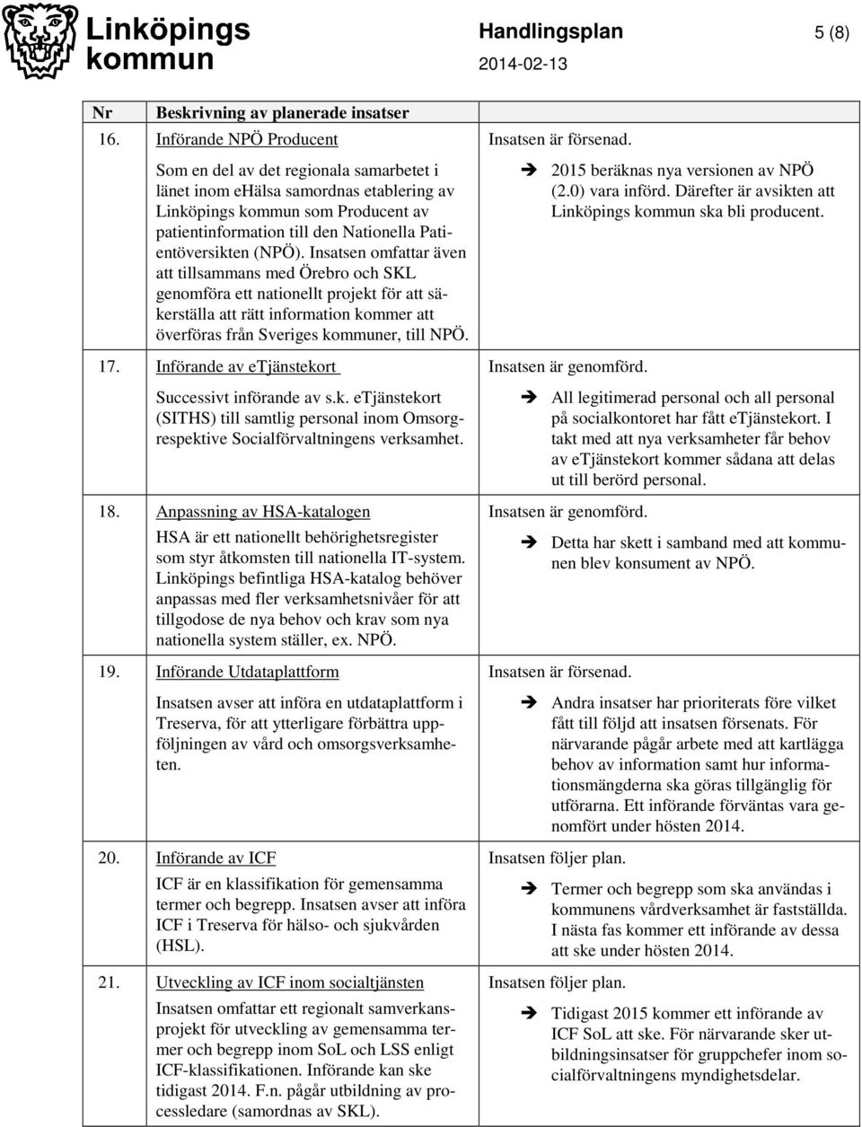 (NPÖ). Insatsen omfattar även att tillsammans med Örebro och SKL genomföra ett nationellt projekt för att säkerställa att rätt information kommer att överföras från Sveriges kommuner, till NPÖ. 17.