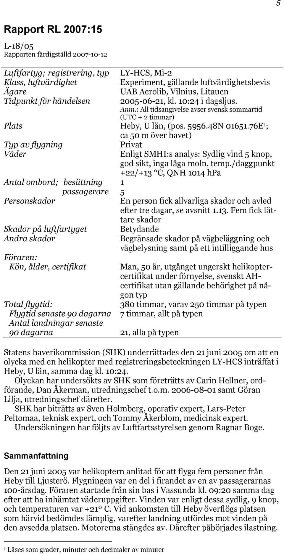 76E 1 ; ca 50 m över havet) Typ av flygning Privat Väder Enligt SMHI:s analys: Sydlig vind 5 knop, god sikt, inga låga moln, temp.