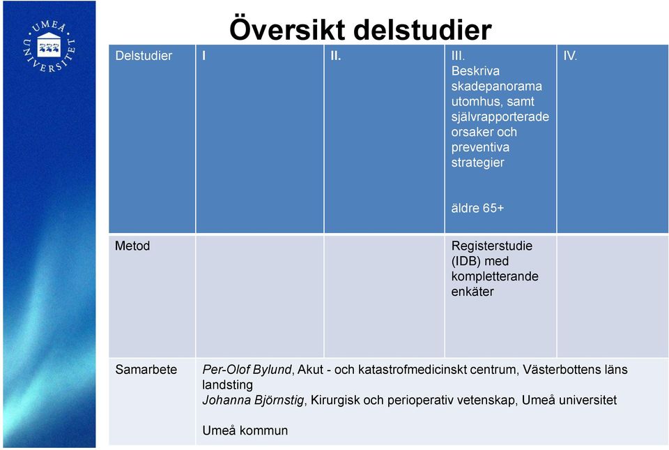 äldre 65+ Metod Registerstudie (IDB) med kompletterande enkäter Samarbete Per-Olof Bylund,