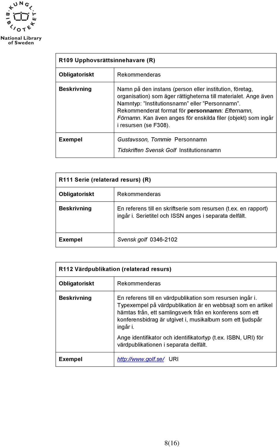 Gustavsson, Tommie Personnamn Tidskriften Svensk Golf Institutionsnamn R111 Serie (relaterad resurs) (R) En referens till en skriftserie som resursen (t.ex. en rapport) ingår i.