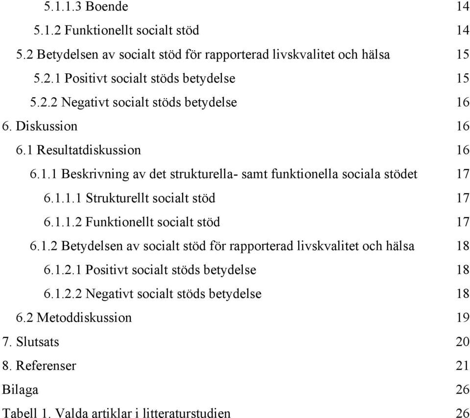 1.1.2 Funktionellt socialt stöd 17 6.1.2 Betydelsen av socialt stöd för rapporterad livskvalitet och hälsa 18 6.1.2.1 Positivt socialt stöds betydelse 18 6.1.2.2 Negativt socialt stöds betydelse 18 6.