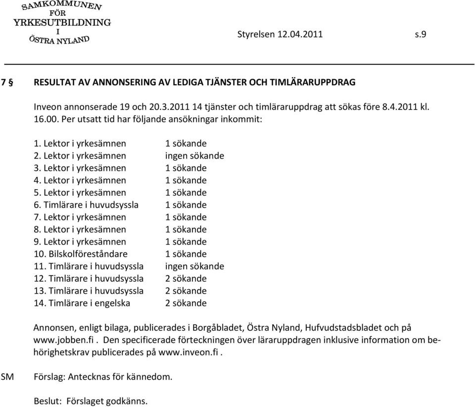 Lektor i yrkesämnen 1 sökande 6. Timlärare i huvudsyssla 1 sökande 7. Lektor i yrkesämnen 1 sökande 8. Lektor i yrkesämnen 1 sökande 9. Lektor i yrkesämnen 1 sökande 10.