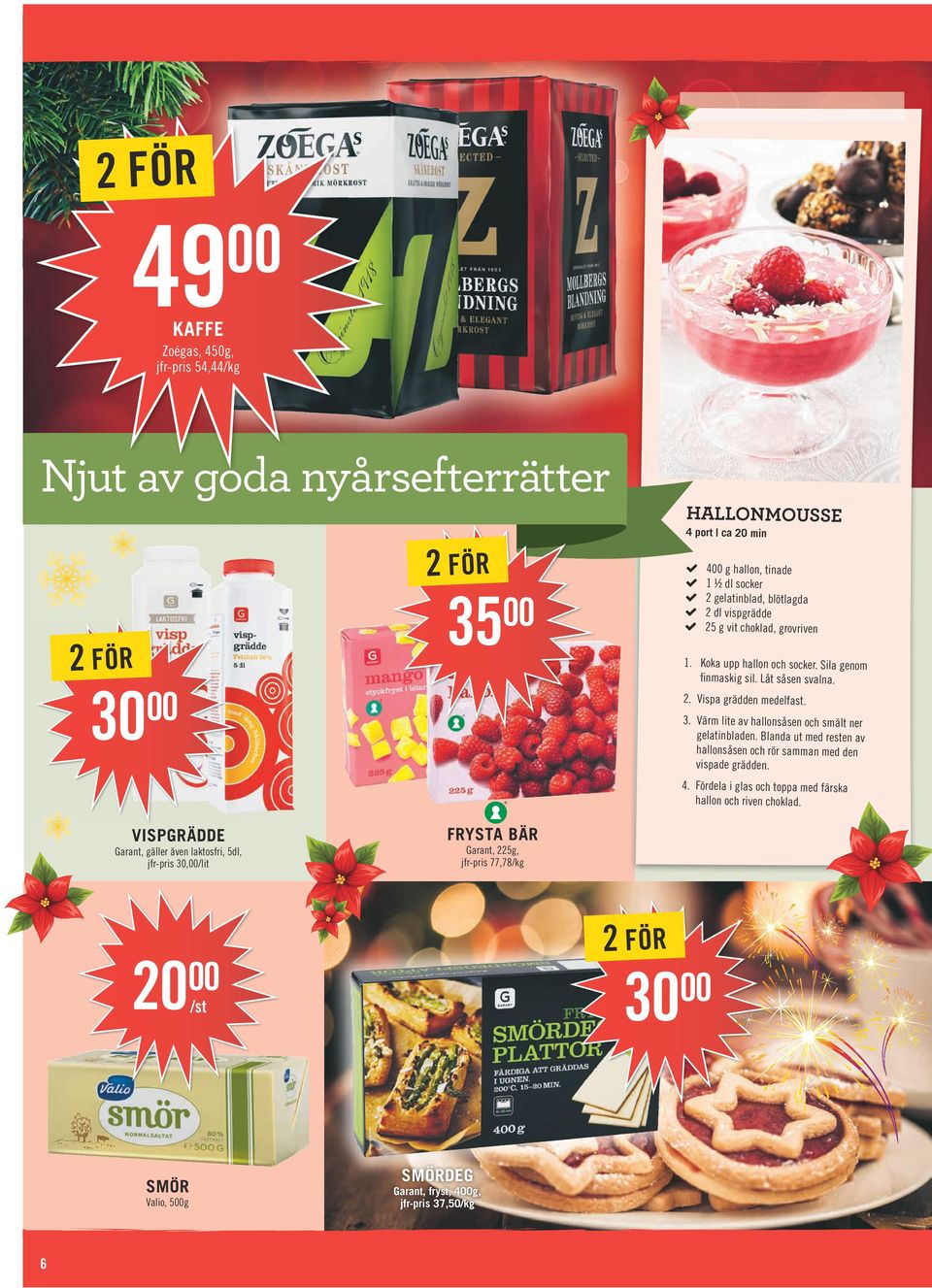Värm lite av hallonsåsen och smält ner gelatinbladen. Blanda ut med resten av hallonsåsen och rör samman med den vispade grädden. 4.