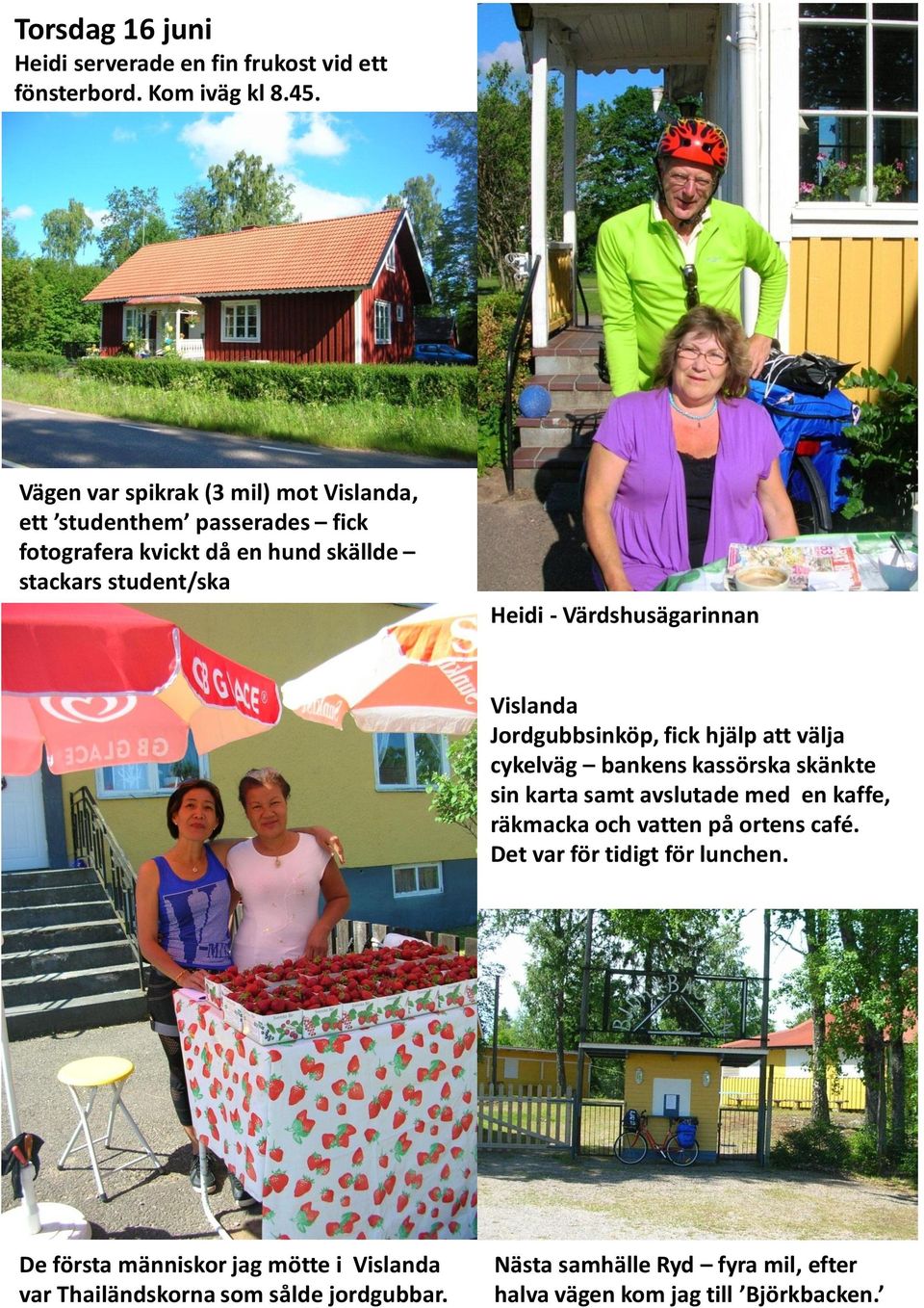 Värdshusägarinnan Vislanda Jordgubbsinköp, fick hjälp att välja cykelväg bankens kassörska skänkte sin karta samt avslutade med en kaffe,