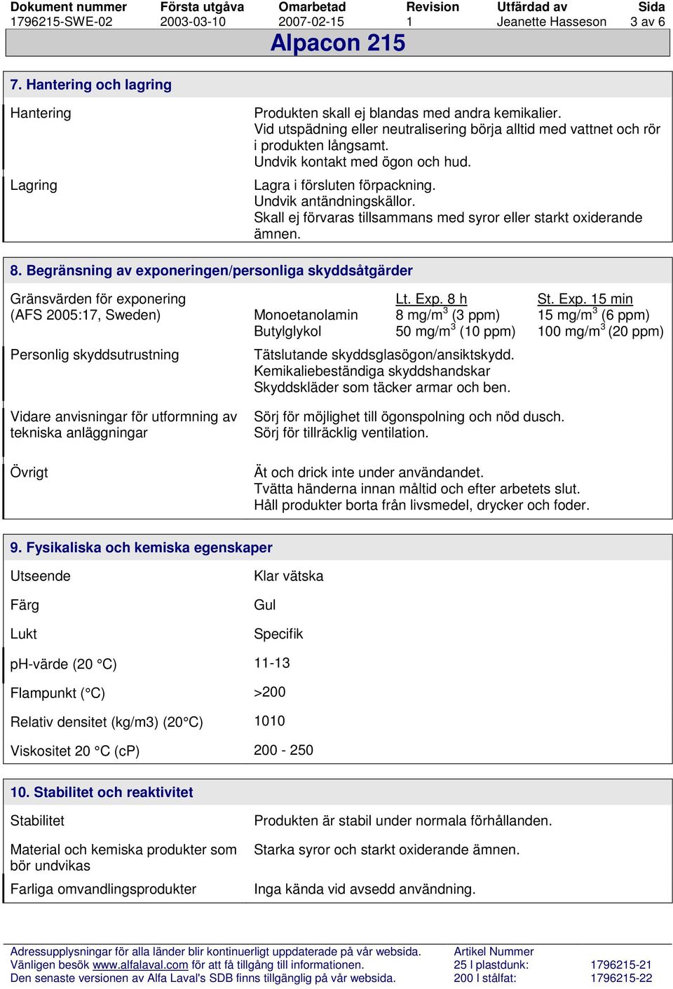 Skall ej förvaras tillsammans med syror eller starkt oxiderande ämnen. 8.