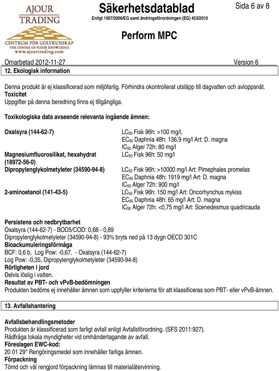 Toxikologiska data avseende relevanta ingående ämnen: Oxalsyra (144627) Magnesiumfluorosilikat, hexahydrat (18972560) Dipropylenglykolmetyleter (34590948) 2aminoetanol (141435) LC 50 Fisk 96h: >100