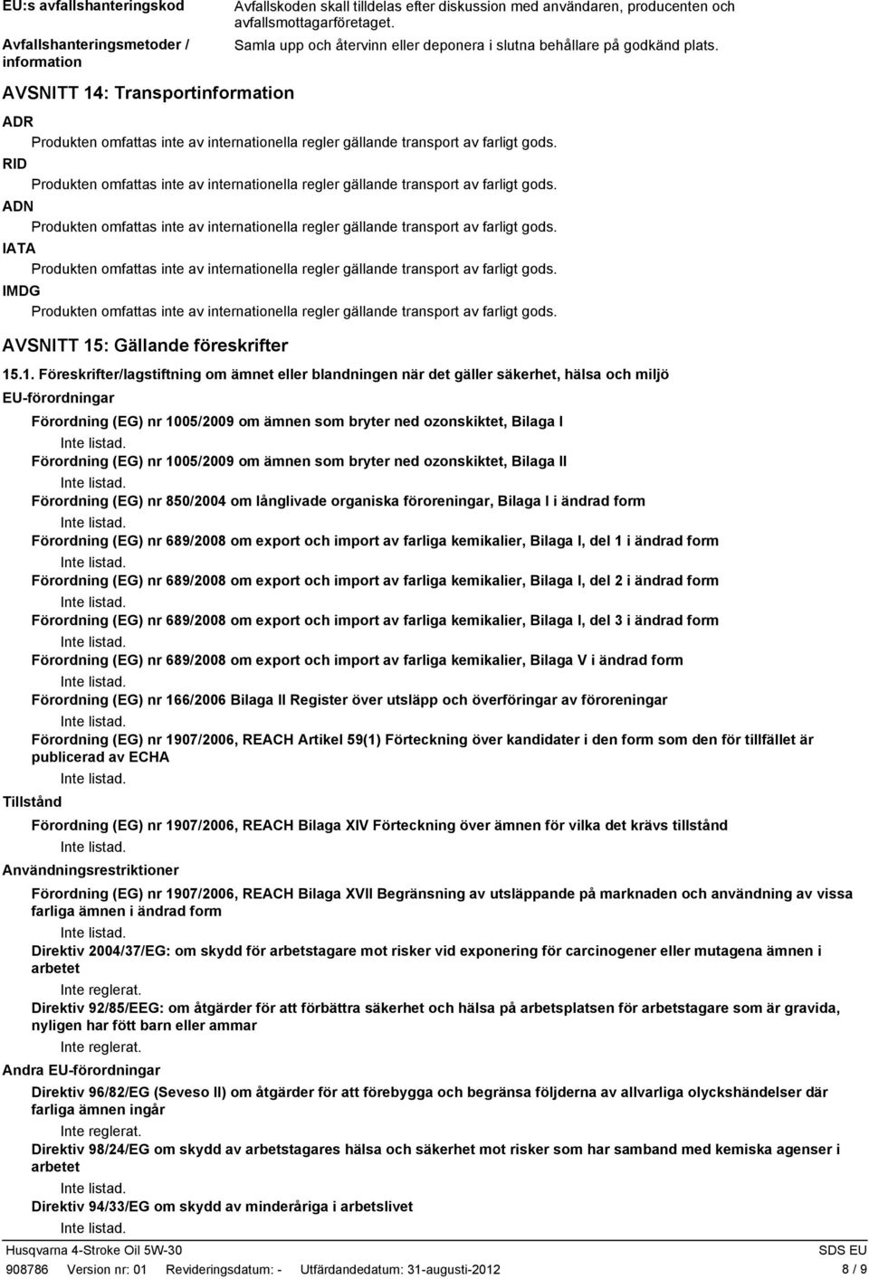 : Transportinformation ADR RID ADN IATA IMDG AVSNITT 15