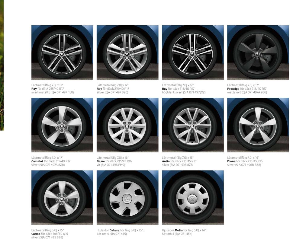 0J x 17" Camelot för däck 215/40 R17 silver (5JA 071 497A 8Z8) Lättmetallfälg 7.0J x 16" Beam för däck 215/45 R16 vit (5JA 071 496 FM9) Lättmetallfälg 7.