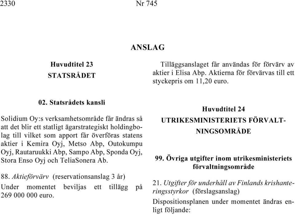 Outokumpu Oyj, Rautaruukki Abp, Sampo Abp, Sponda Oyj, Stora Enso Oyj och TeliaSonera Ab. 88.