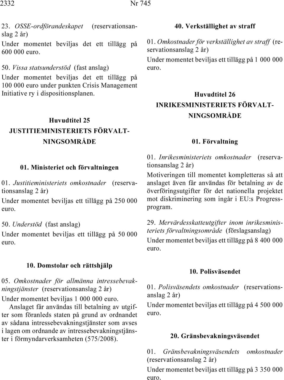 Huvudtitel 25 JUSTITIEMINISTERIETS FÖRVALT- NINGSOMRÅDE 01. Ministeriet och förvaltningen 01. Justitieministeriets omkostnader (reservationsanslag Under momentet beviljas ett tillägg på 250 000 50.