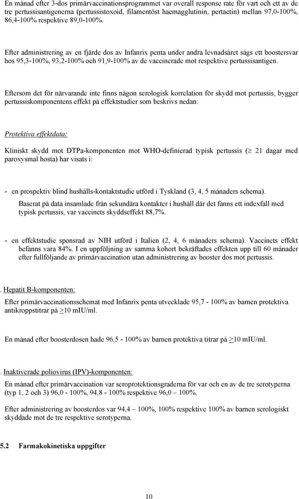 Efter administrering av en fjärde dos av Infanrix penta under andra levnadsåret sågs ett boostersvar hos 95,3-100%, 93,2-100% och 91,9-100% av de vaccinerade mot respektive pertussisantigen.