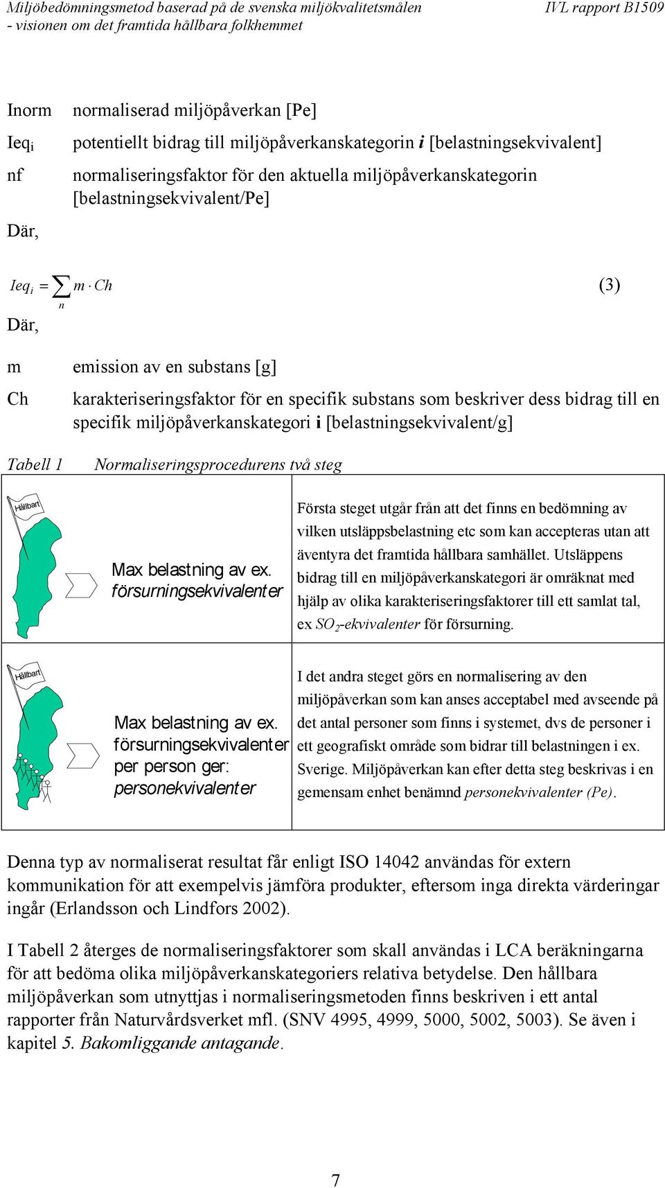 miljöpåverkanskategori i [belastningsekvivalent/g] Normaliseringsprocedurens två steg Hållbart Max belastning av ex.