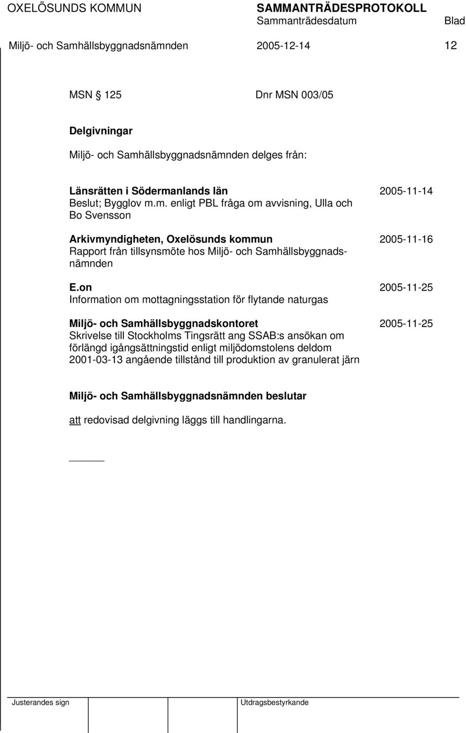 m. enligt PBL fråga om avvisning, Ulla och Bo Svensson Arkivmyndigheten, Oxelösunds kommun 2005-11-16 Rapport från tillsynsmöte hos Miljö- och Samhällsbyggnadsnämnden E.