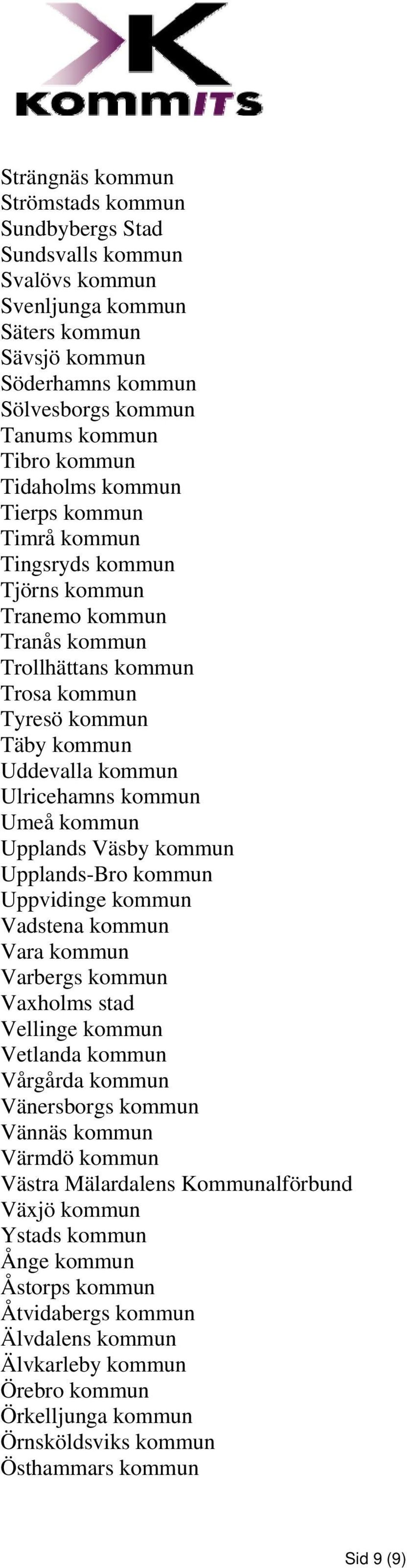 Umeå kommun Upplands Väsby kommun Upplands-Bro kommun Uppvidinge kommun Vadstena kommun Vara kommun Varbergs kommun Vaxholms stad Vellinge kommun Vetlanda kommun Vårgårda kommun Vänersborgs kommun