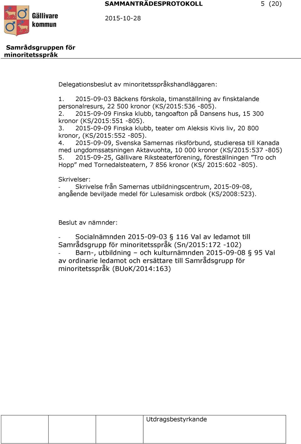 2015-09-09, Svenska Samernas riksförbund, studieresa till Kanada med ungdomssatsningen Aktavuohta, 10 000 kronor (KS/2015:537-805) 5.