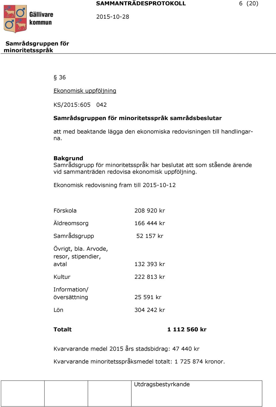 Ekonomisk redovisning fram till 2015-10-12 Förskola Äldreomsorg Samrådsgrupp Övrigt, bla.